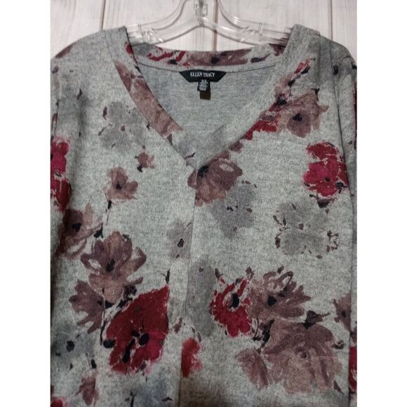 Ellen Tracy Shirt Ladies Extra Large Gray Red Floral Knit Light Weight Floral So - Picture 3 of 8